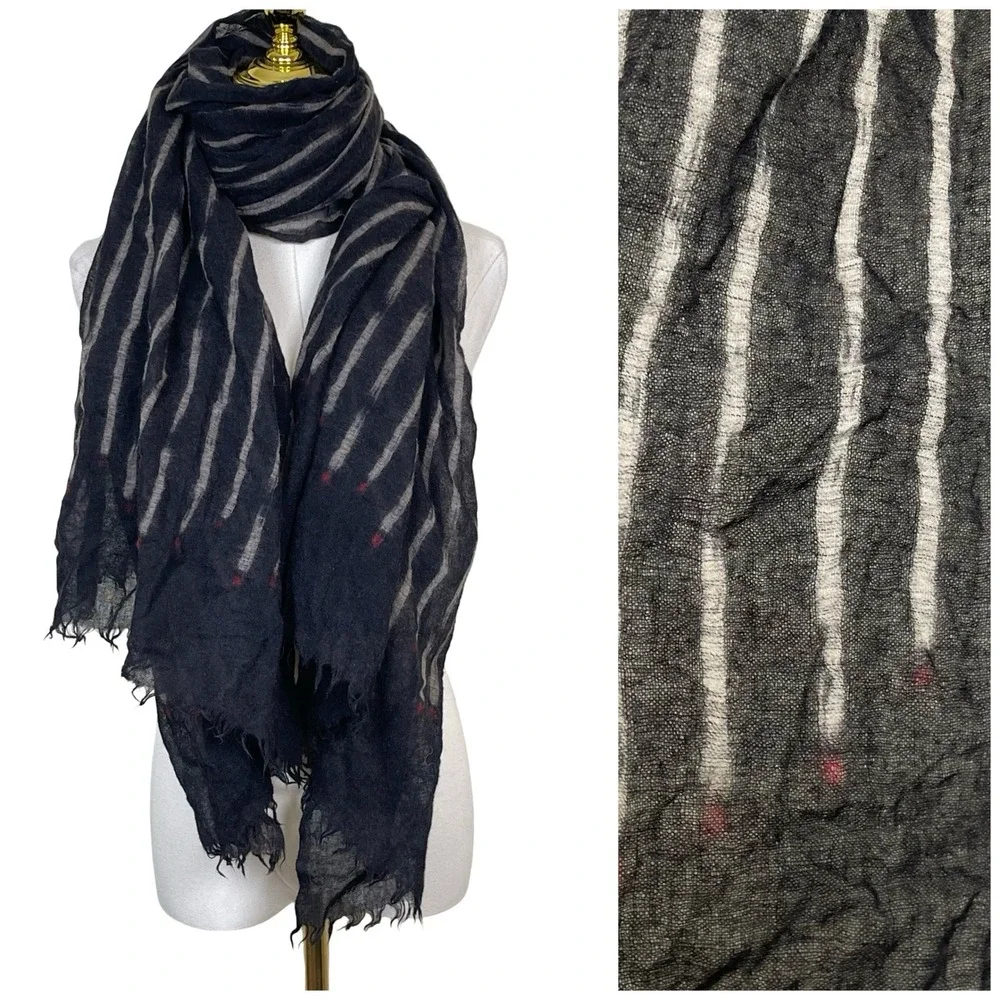 Striped Wool Gauze Wrap Scarf Black White‎ Frayed Edge Lightweight Oversized
